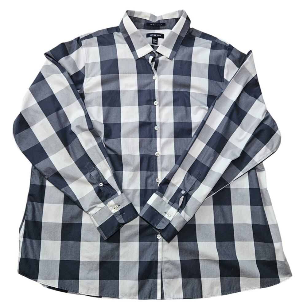 Lands End Womens 20W Buffalo Check Plaid Button-Up Shirt Fall Preppy Casual Gray